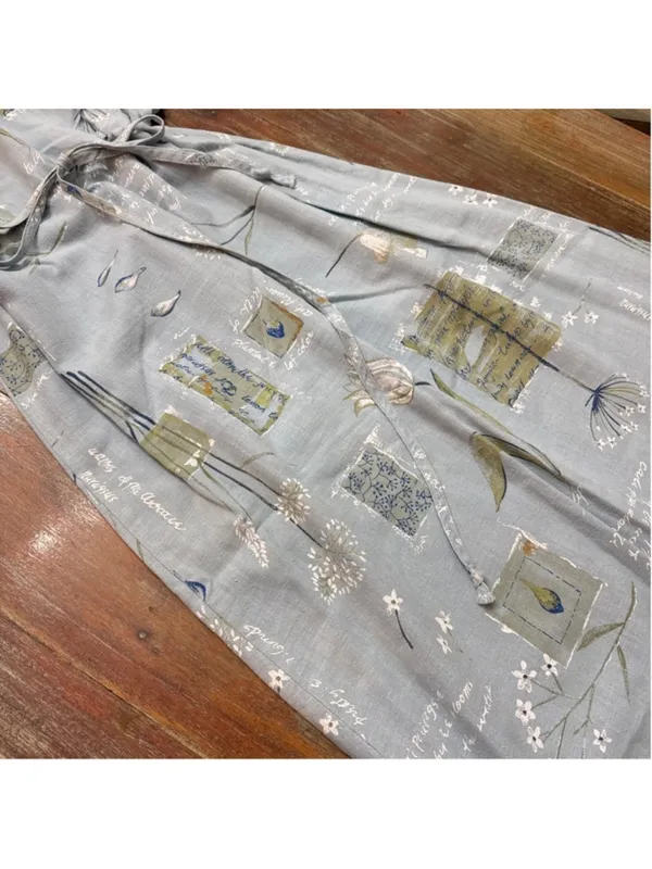 Sweet Jessie Tall Medium Linen Blend Botanical Script Maxi Dress Blue - Image 3