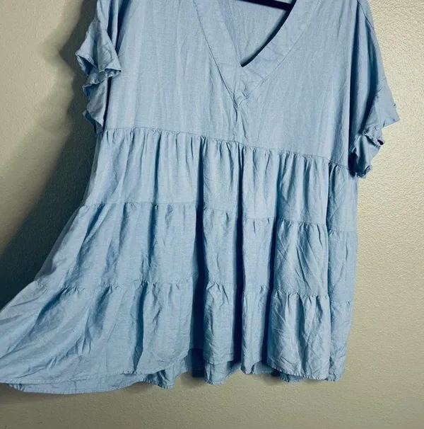 Cato Flowy Tiered Flutter Sleeve Top Light Blue V-Neck Longline Linen Blend XL - Image 5