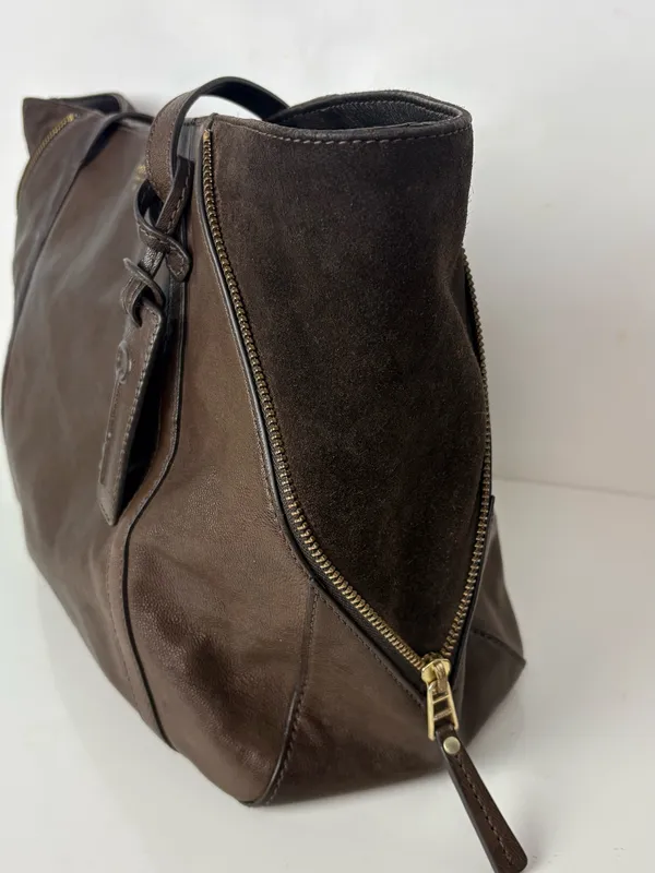 FOSSIL Gwen Shopper Tote Chocolate Brown Leather/Suede Shoulder Bag Convertible - Image 6