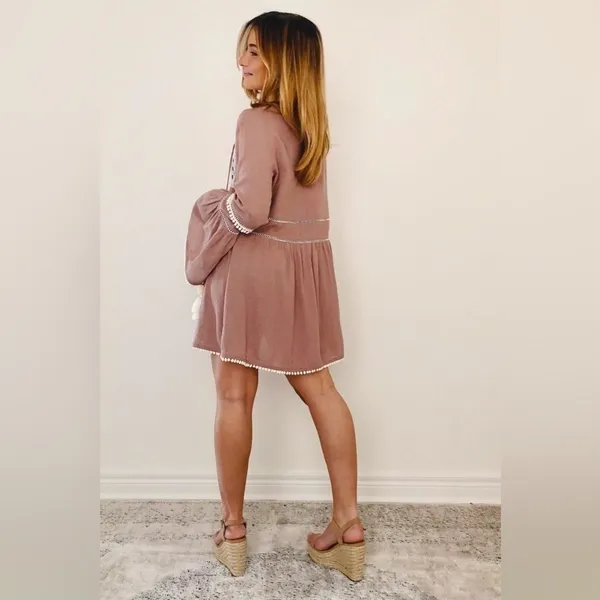 Show Me Your Mumu Romina Tunic Dress Mauve Boho Bell Sleeve Pom Pom Small 845 - Image 8
