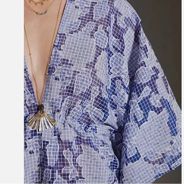Anthropologie Tie-Front Blue Floral Caftan One Size - Image 3