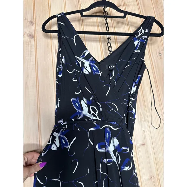 NWT DKNY Midi Wrap Dress Black Blue Floral V-Neck Resort Party Womens Size 2 - Image 2