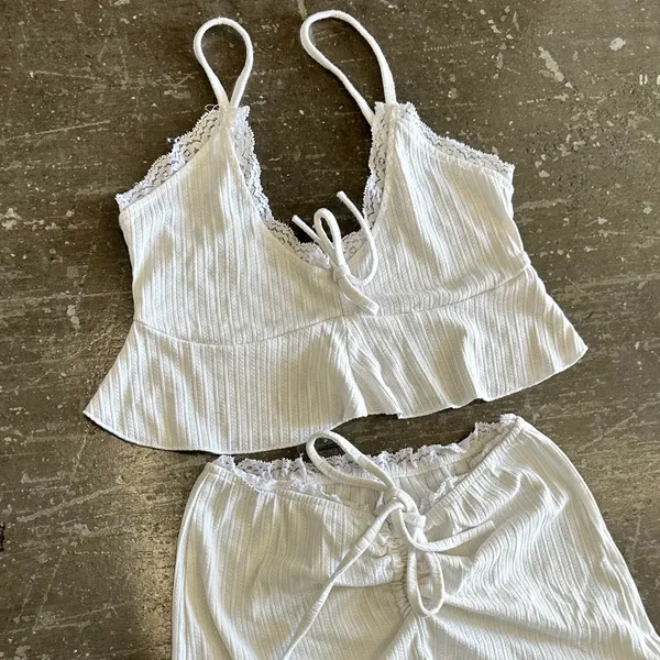 White Lace Trim Ruffle Lacing Lounge Set - Image 3