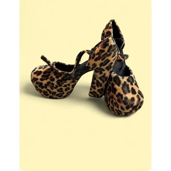 Too Sexy Leopard Print Faux Fur Platform Block Heels Ankle Strap Pumps 7.5 - Image 3