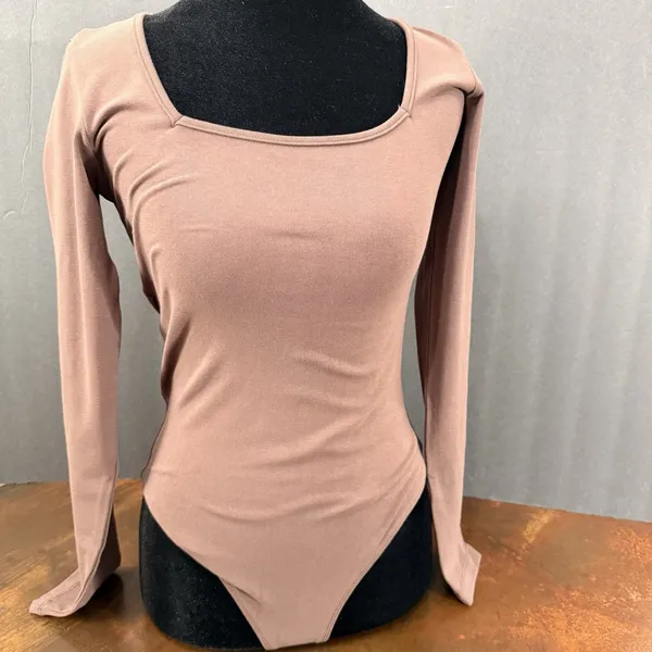 KK SONG Bodysuit Brown Long Sleeve Solid Basic Elegant top square neck casual - Image 10