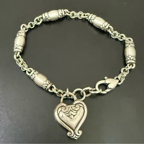 Retired BRIGHTON Blair Heart Barrel Link Chain Silverplated Heart Charm Bracelet - Image 7