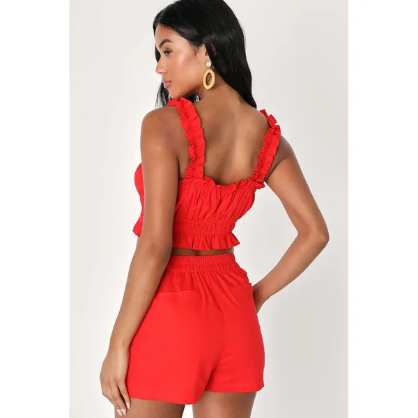 Lulus Hotter Temps Red Linen Ruffled Two-Piece Romper Set NWT Medium - Image 3