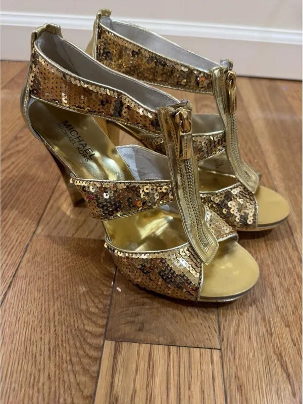 Size 8 Women’s Michael Kors Women's Gold Sequins Berkley Strap Heels IOB - Image 4