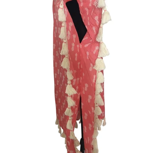 Coral Pink Pineapple Print Swim Cover Up Poncho Size S M Tassels Beach Resort - Image 5