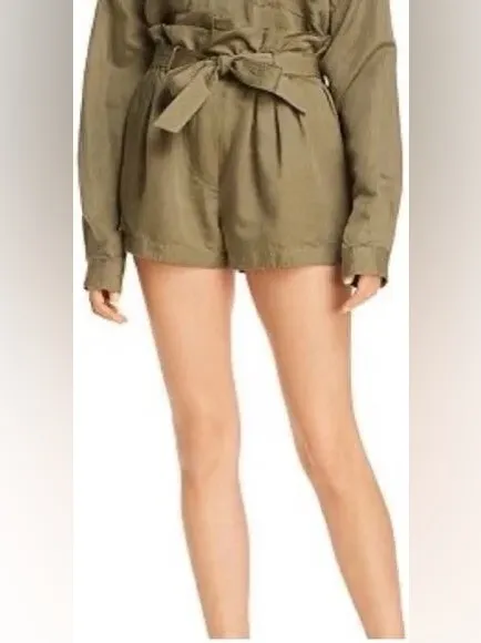 FRAME Denim Paperbag Pocket High Rise Linen Blend Shorts Army Green - Image 8
