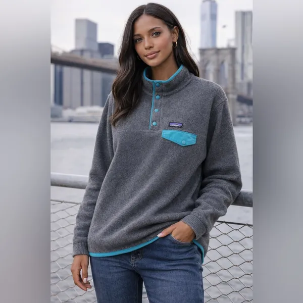 Patagonia Synchilla Snap-T Fleece Pullover Women’s XL Gray Teal Classic Logo - Image 12