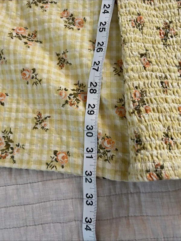 RVCA Gretel yellow gingham Floral smocked cottage puff Sleeve Mini Dress L - Image 11