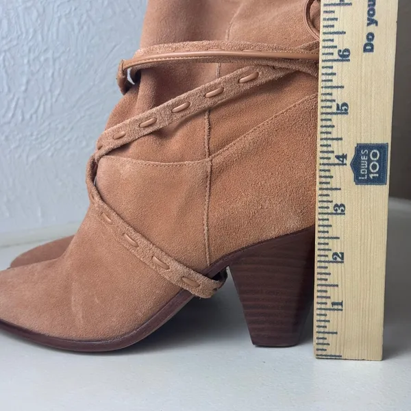 Schutz Portia Suede Ankle Boots Honey Peach Tan Leather‎ Wrap Straps Size 6B - Image 9