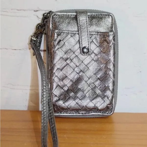 Elliott Lucca Wristlet Genuine Woven Leather Pewter Metallic Like New Condition - Image 4