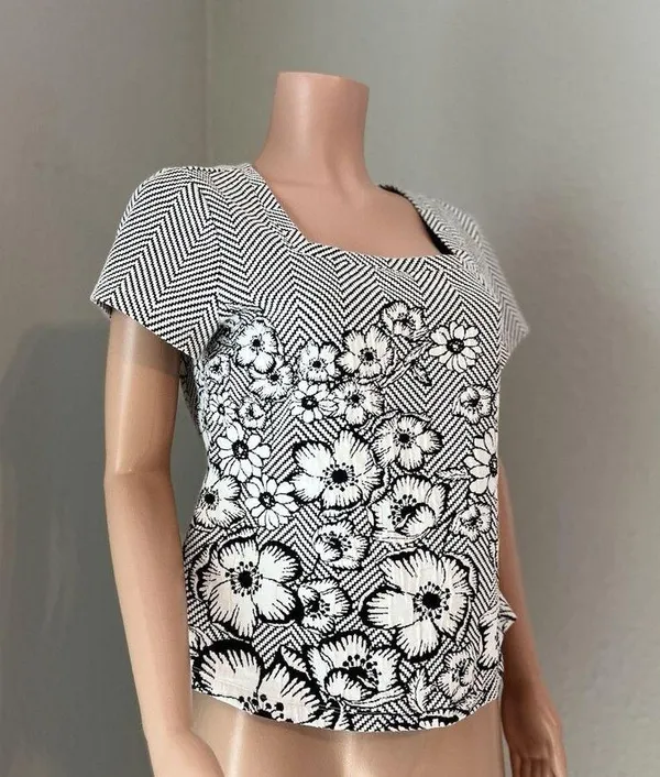 Maeve Anthropologie Floral Embroidered Blouse Shirt White Black Knitted Trim #29 - Image 6