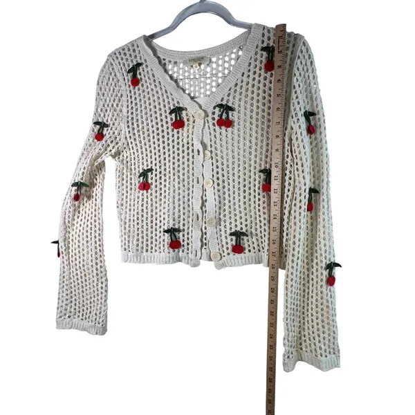 Coquette Festival Cherry Crochet Cardigan Cotton Open Knit Cream XS NWT Softgirl - Image 7