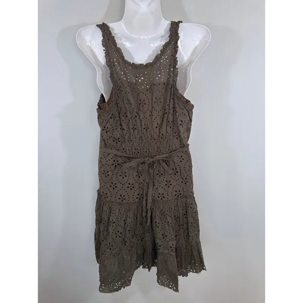 Free People Olive Green Eyelet Lace Up Tiered Mini Dress Size 6 Boho Cottagecore - Image 4