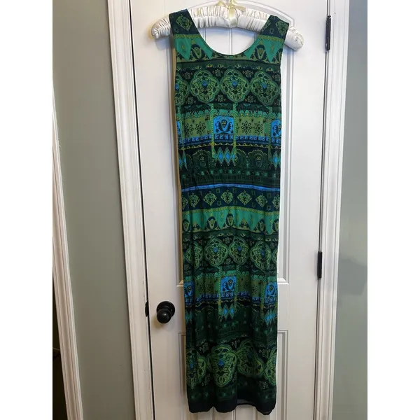 R&K Originals Size 18 Green Blue Black Geometric Scoop Neck Rayon Maxi Side Slit - Image 7