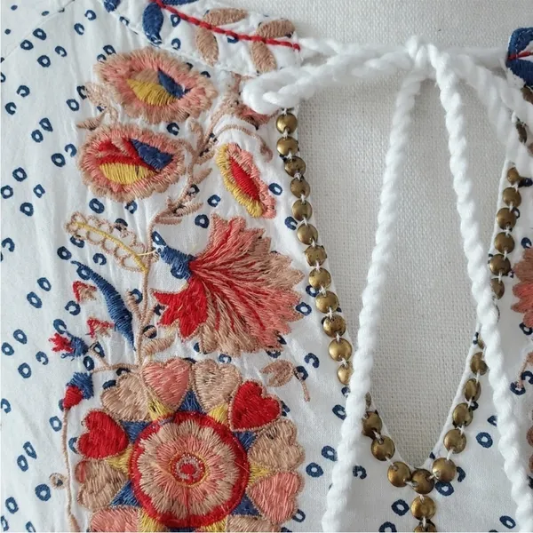 NWT Bohme Spanish Embroidered White Top Tassels Gold Beading M - Image 8