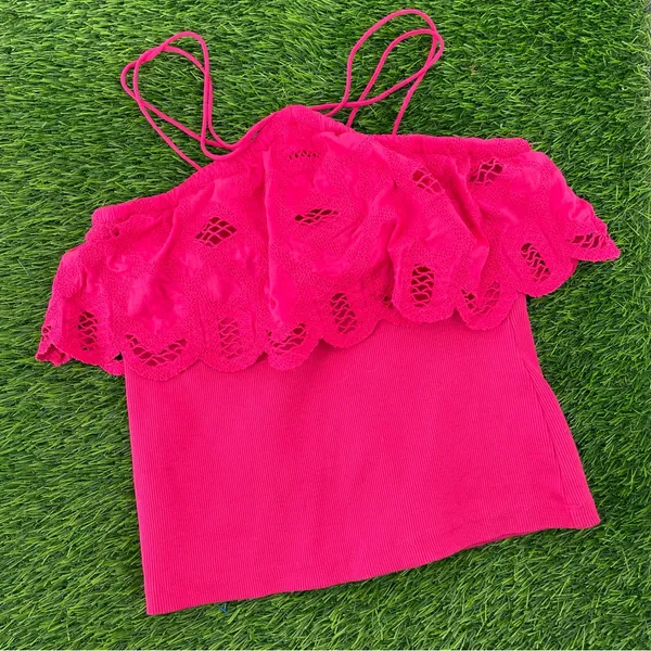 Anthropologie Ruffled Halter Cottage Pink Embroidered Crochet Tank Blouse Top - Image 5