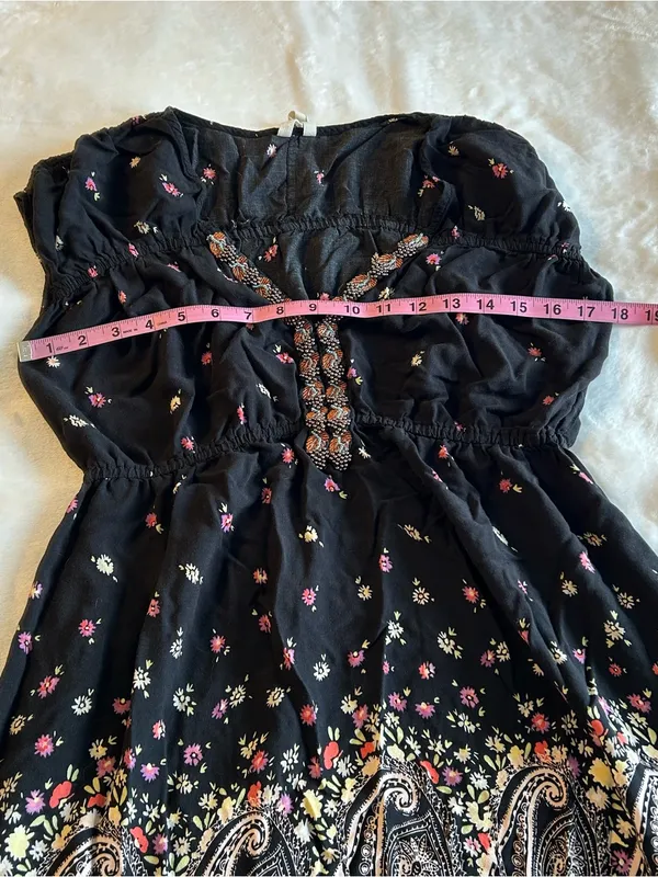 Free People black floral and paisley print tunic dress beaded embroidered size L - Image 9