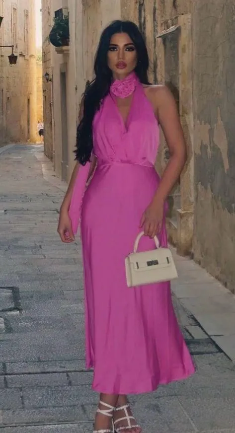 Zara maxi dress pink satin effect floral tie scarf wedding party cocktail - Image 8