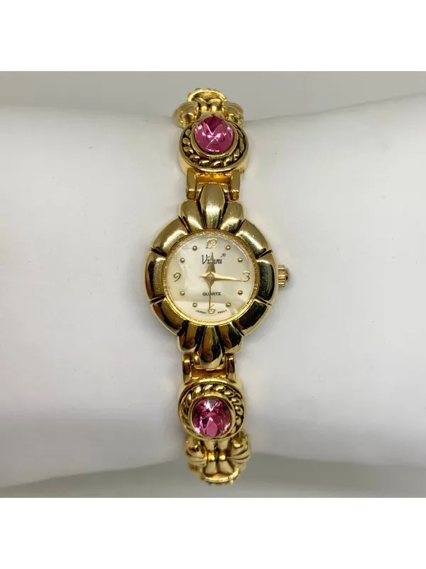 Vintage Vivani New York gold tone women’s watch pink crystals 21mm running - Image 3