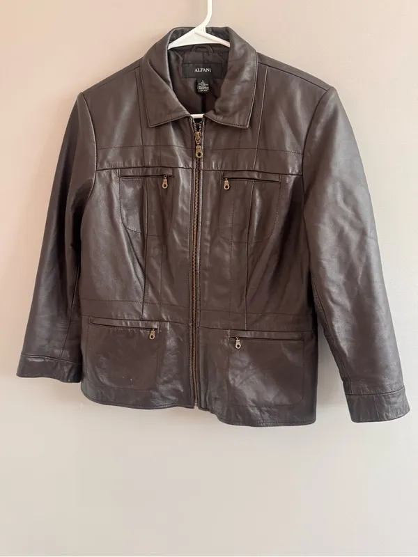 Alfani Women’s 100% Leather Brown Zip Front Jacket Size Large - Image 7