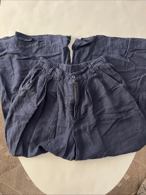 YFB Super Wide Leg Flowy Linen Blend High Waisted Pants Navy Blue XS - Image 3