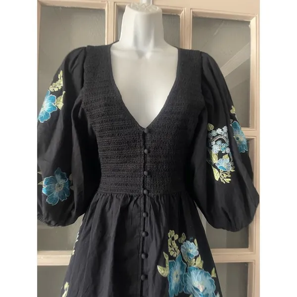 ASOS DESIGN cotton poplin embroidery shirred bodice mini dress in black - Image 7