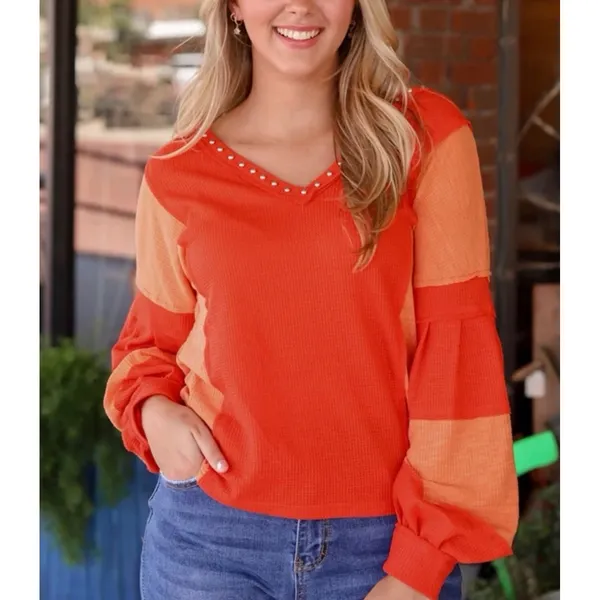 Charming Charlie sz L Women Studded Waffle VNeck Long Sleeve Top patchwork stitch - Image 6