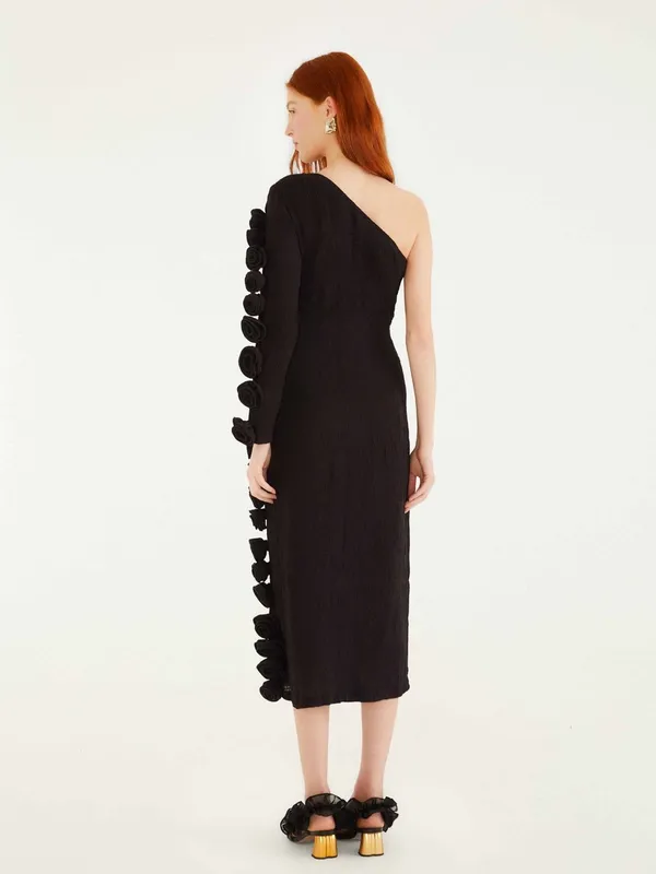 NWT FARM Rio Black One-Shoulder Midi Dress with Rosette Trim Small - Image 2