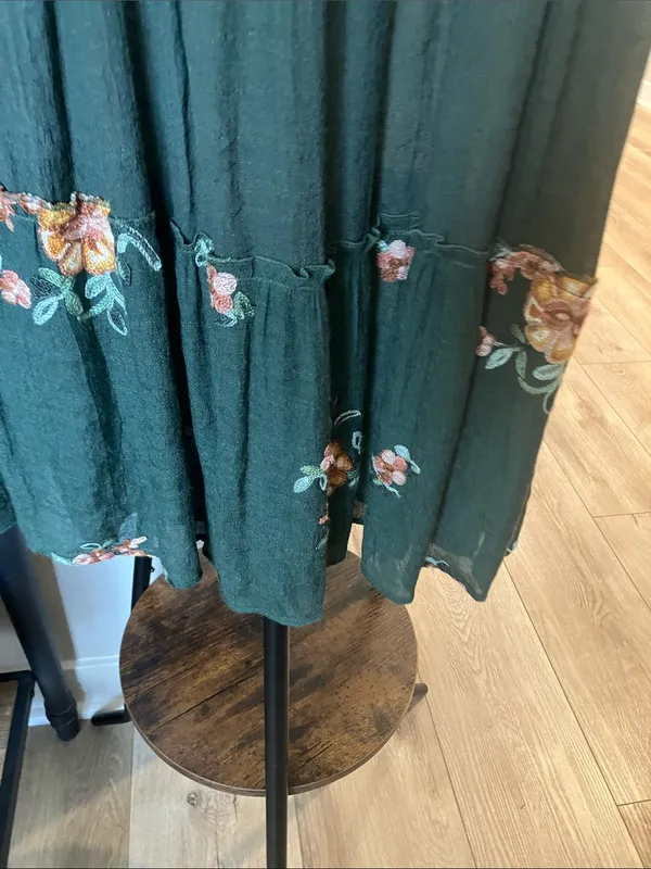 Olive Green embroidered Floral Tiered Maxi distressed waist smocked Skirt - Image 5