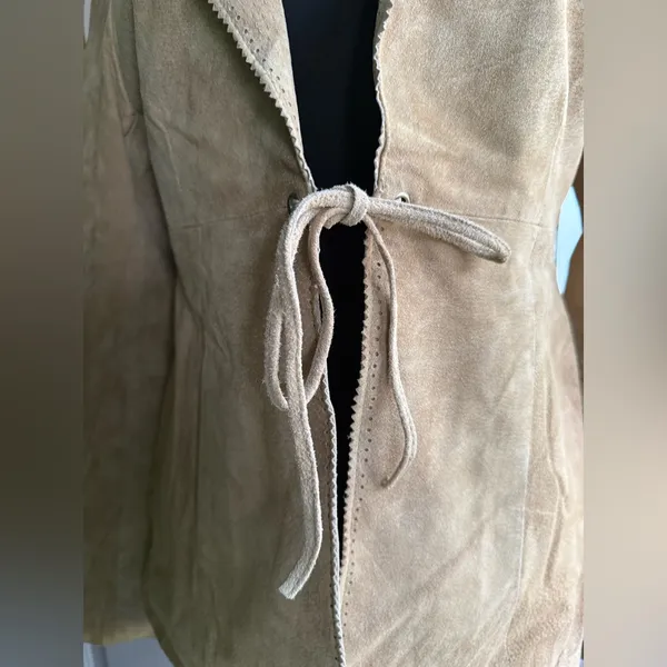 Y2K vintage Me Jane nude suede open front tie blazer, size large - Image 2