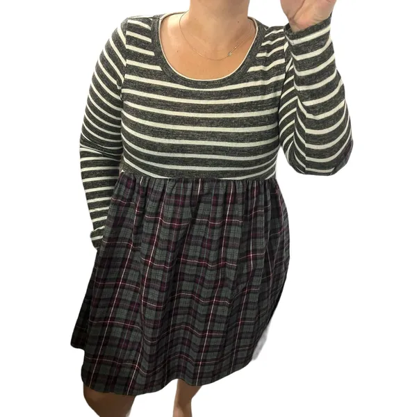 Andrée by Unit (M) Striped Plaid Pocket Elbow Patch Pocketed Swing Dress - Image 2