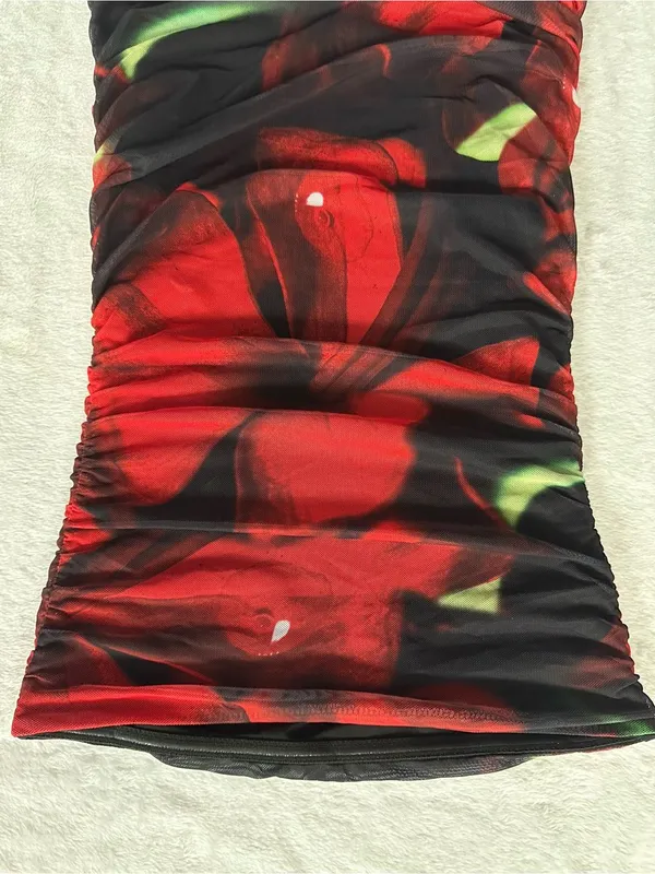 White Fox Ibiza Nights Strapless Mini Dress Red Hibiscus Size XS Bodycon Ruched - Image 10