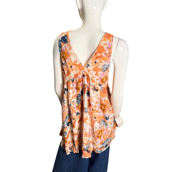 Rip Curl Orange Floral V-Neck Sleeveless Babydoll Tunic Top Medium - Image 2