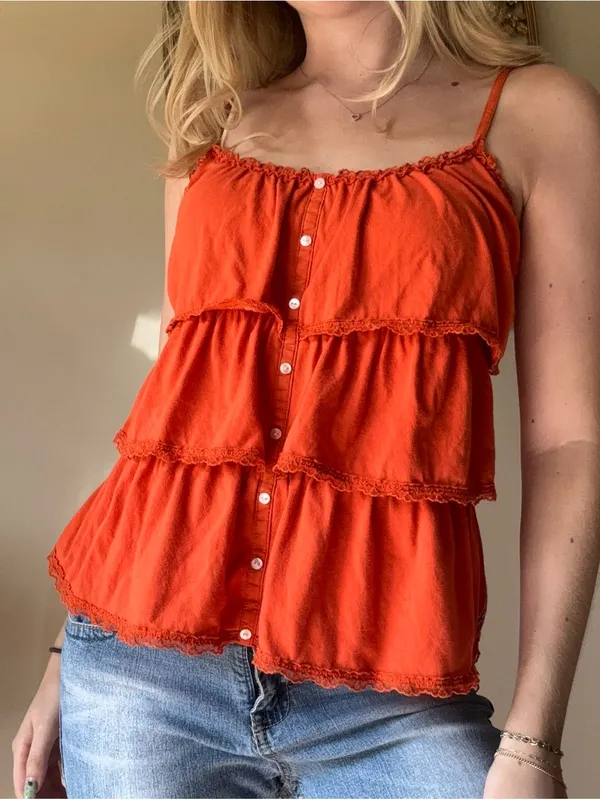 Y2K Hollister Bright Orange Tiered Spaghetti Strap Camisole - Image 6