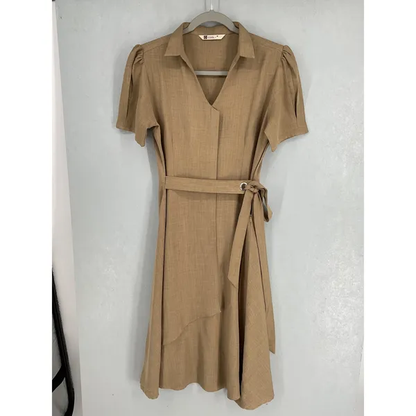 COOL nx Womens Wrap Dress Tan Brown Collared Belted Short Sleeve Medium - Image 2