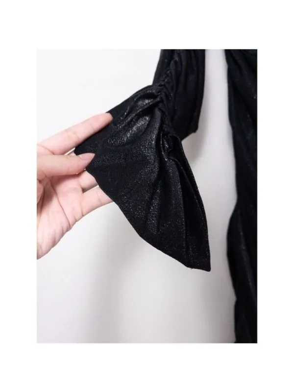Bronx and Banco Amara Off The Shoulder Linen Midi Dress L Black Ruched Sparkle - Image 7
