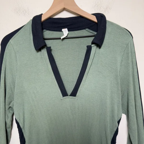 Anthropologie Daily Practice Women Dress L‎ Green Ribbed Ruched Polo Colorblock - Image 6