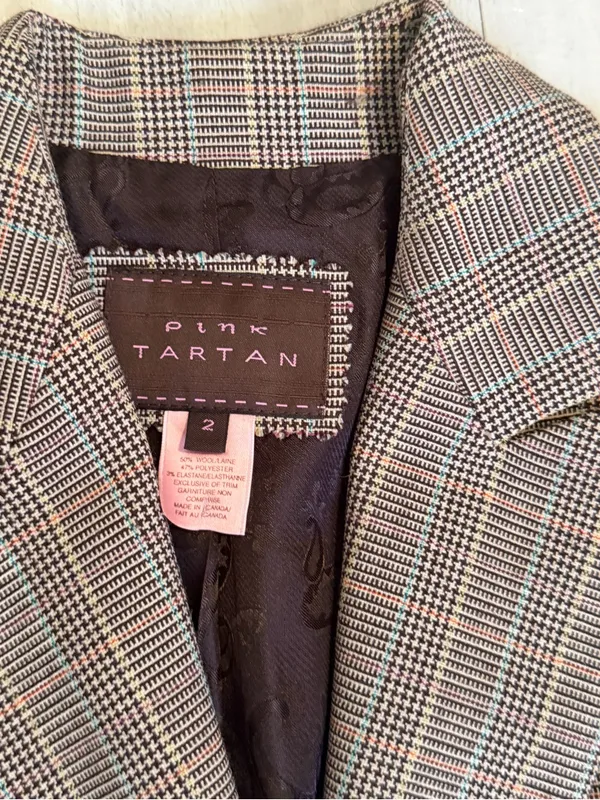 Pink Tartan Plaid Tailored Blazer in Brown and Gray - Image 3