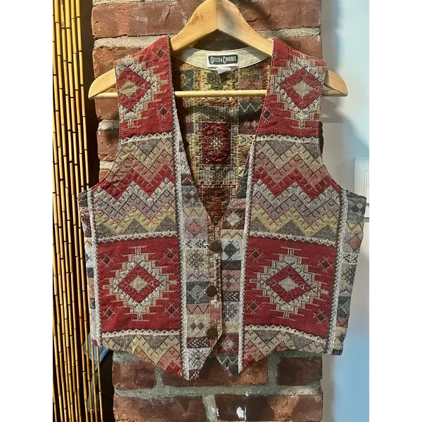 Vintage 90s Gotcha Covered Southwestern Tapestry Vest Aztec Boho Waistcoat Small - Image 3
