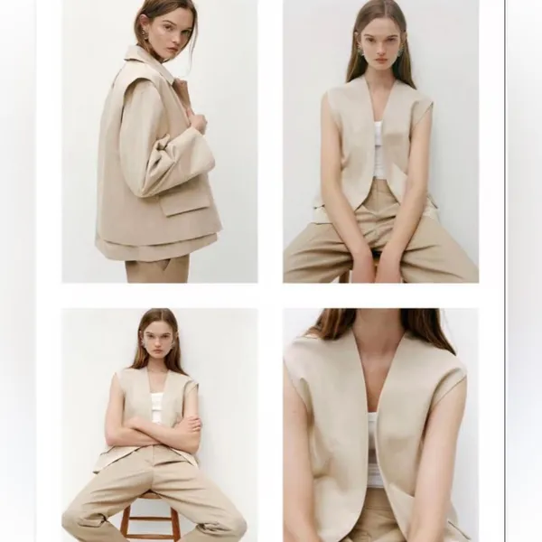 ZARA Women Beige Sleeveless Open Front Pocket Vest Blazer Oversized Medium - Image 2