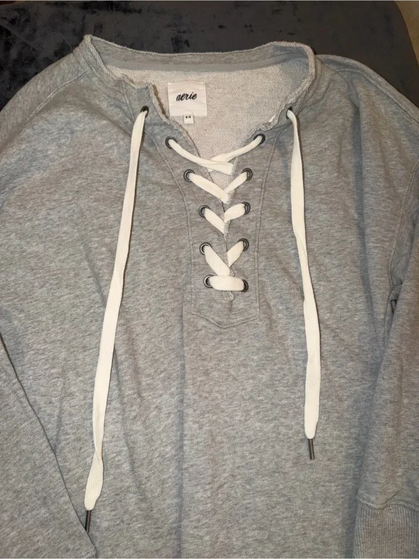 Aerie Lace Up Oversized Crew Sweatshirt in Gray Size Medium - Image 9