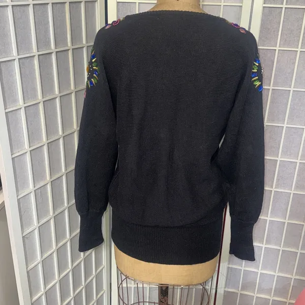 Vintage Beaded Jewel Black Sweater 80s 90s Glam Maximalist Statement Artsy Small - Image 2