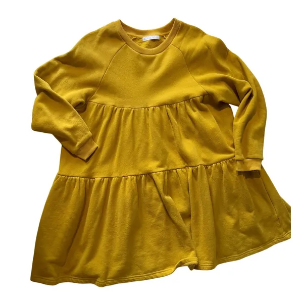 Karlie Mustard Yellow Sweatshirt Dress Tiered Ruffle Cotton Medium - Image 2