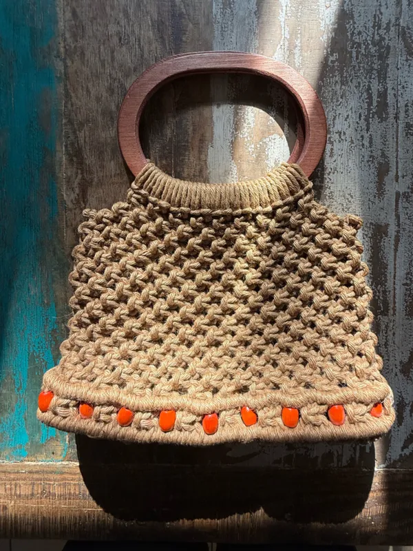 Handwoven Macramé Bag with Wooden Handles in Tan and Orange - Image 5