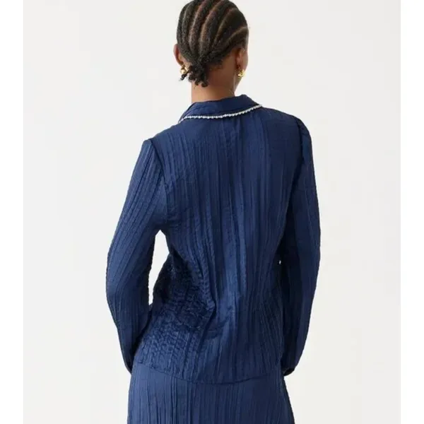 J. CREW NWT Crystal Embellished Navy Blue Shirt in Crinkle Satin Size Small - Image 8