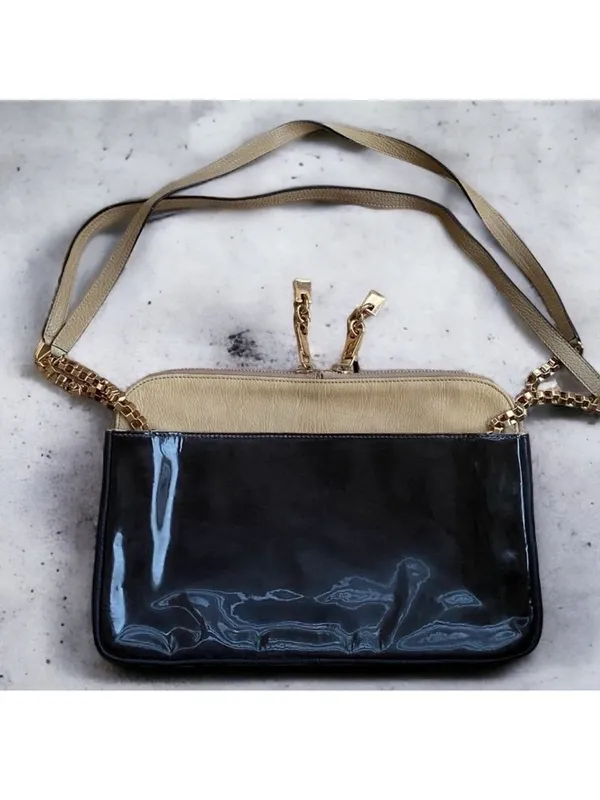 Authentic Chloé Lucy Two-Tone Leather Shoulder Bag Beige & Black Patent Leather - Image 5